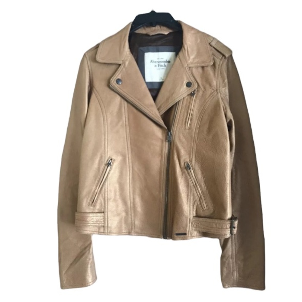 Abercrombie & Fitch Metallic Shimmer Gold 100% Genuine Soft Leather Jacket Coat
